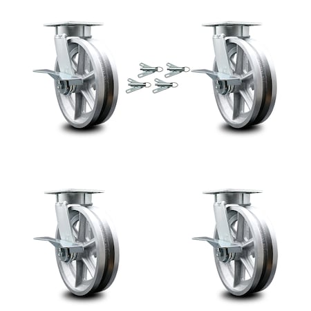 8 Inch Kingpinless V Groove Semi Steel Wheel Caster Set With Brake & Swivel Lock